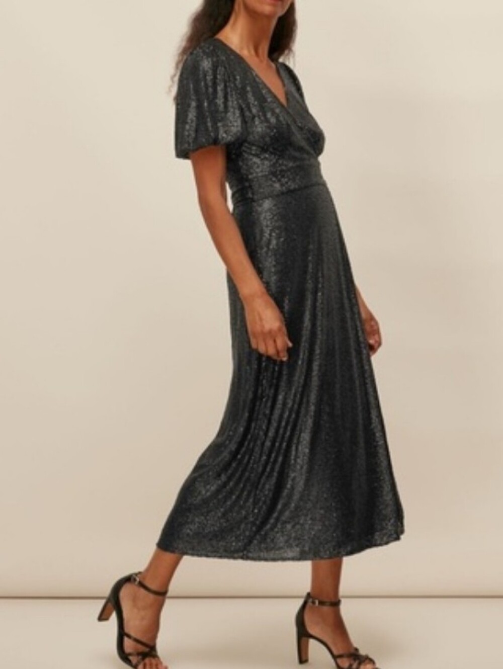 Whistles Black Sequin Midi Wrap Evening Formal Dress, Size 6, New With Tags!